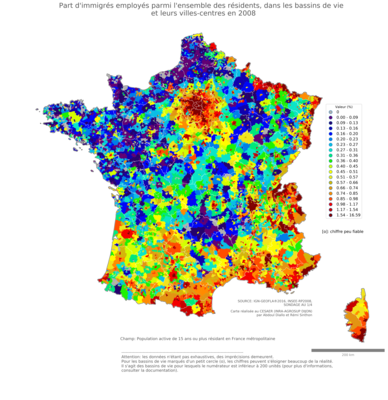 Part d'immigrés employés parmi l'ensemble des résidents - bv2006
Mots-clés: immigration;profession;classes populaires;bassins de vie