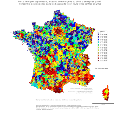 Part d'immigrés agriculteurs, artisans, commerçants ou chefs d'entreprise parmi l'ensemble des résidents - bv2006
Mots-clés: immigration;profession;fonction publique ou indépendance;bassins de vie