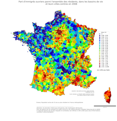 Part d'immigrés ouvriers parmi l'ensemble des résidents - bv2006
Mots-clés: immigration;profession;classes populaires;bassins de vie