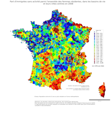 Part d'immigrées sans activité parmi l'ensemble des femmes résidentes - bv2006
Mots-clés: immigration;chômage;sexe;femmes;classes populaires;bassins de vie