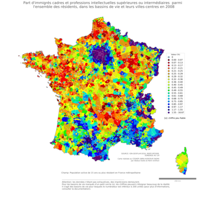 Part d'immigrés cadres et professions intellectuelles supérieures ou intermédiaires parmi l'ensemble des résidents - bv2006
Mots-clés: immigration;profession;classes supérieures;bassins de vie