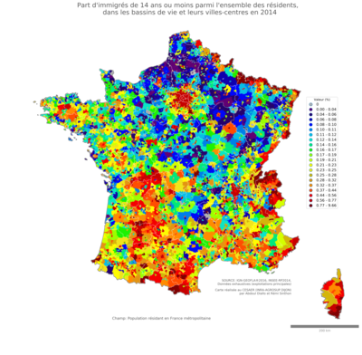 Part d'immigrés de 14 ans ou moins parmi l'ensemble des résidents - bv2014
Mots-clés: immigration;âge;classes populaires;bassins de vie