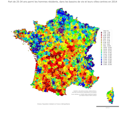 Part de 25'34 ans parmi les hommes résidents - bv2014
Mots-clés: âge;sexe;hommes;bassins de vie