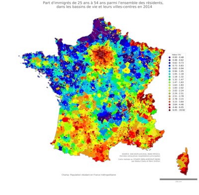 Part d'immigrés de 25 ans à 54 ans parmi l'ensemble des résidents - bv2014
Mots-clés: immigration;âge;classes populaires;bassins de vie