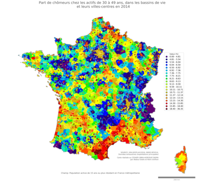 Part de chômeurs chez les actifs de 30 à 49 ans - bv2014
Mots-clés: chômage;âge;classes populaires;bassins de vie