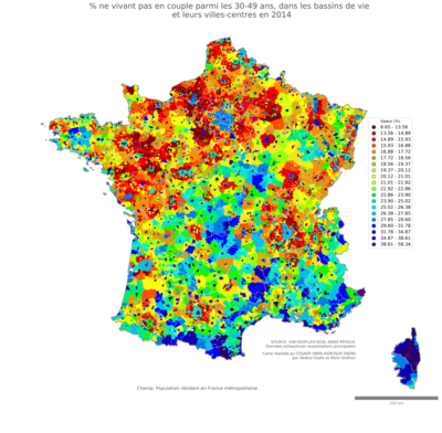 Part ne vivant pas en couple parmi les 30'49 ans - bv2014
Mots-clés: couple;âge;bassins de vie