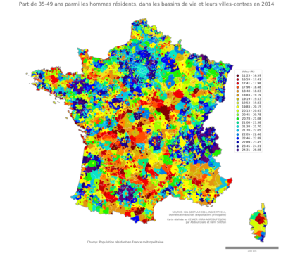 Part de 35'49 ans parmi les hommes résidents - bv2014
Mots-clés: âge;sexe;hommes;bassins de vie