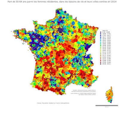 Part de 50'64 ans parmi les femmes résidentes - bv2014
Mots-clés: âge;sexe;femmes;bassins de vie