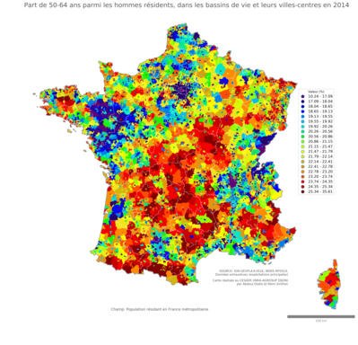 Part de 50'64 ans parmi les hommes résidents - bv2014
Mots-clés: âge;sexe;hommes;bassins de vie