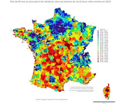 Part de 65 ans ou plus parmi les résidents - bv2014
Mots-clés: âge;bassins de vie