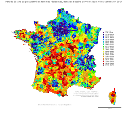 Part de 65 ans ou plus parmi les femmes résidentes - bv2014
Mots-clés: âge;sexe;femmes;bassins de vie