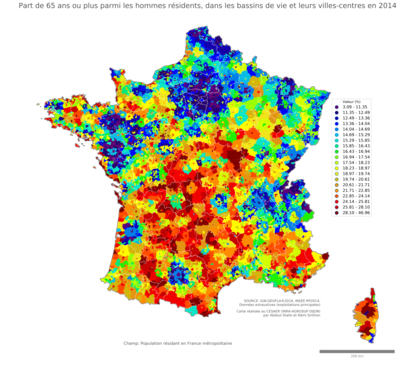 Part de 65 ans ou plus parmi les hommes résidents - bv2014
Mots-clés: âge;sexe;hommes;bassins de vie