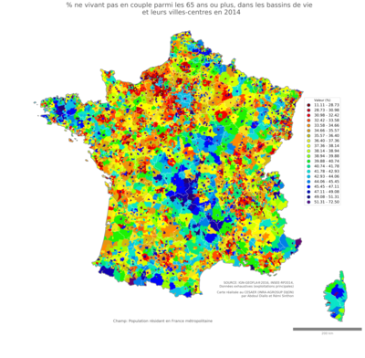 Part ne vivant pas en couple parmi les 65 ans ou plus - bv2014
Mots-clés: couple;âge;bassins de vie