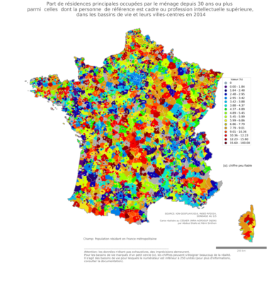 Part de résidences principales occupées par le ménage depuis 30 ans ou plus parmi celles dont la personne de référence est cadre ou profession intellectuelle supérieure - bv2014
Mots-clés: résidence et logement;profession;classes supérieures;bassins de vie