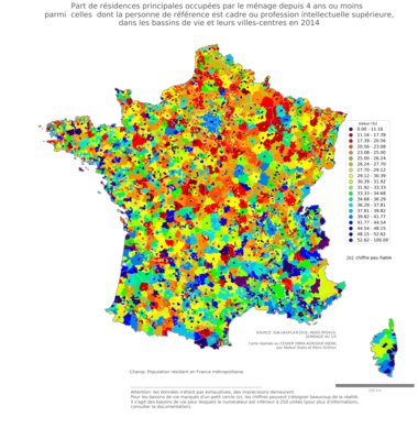 Part de résidences principales occupées par le ménage depuis 4 ans ou moins parmi celles dont la personne de référence est cadre ou profession intellectuelle supérieure - bv2014
Mots-clés: résidence et logement;profession;classes supérieures;bassins de vie