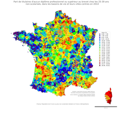 Part de titulaires d'aucun diplôme professionnel ou supérieur au brevet chez les 25'39 ans non'scolarisés - bv2014
Mots-clés: études et diplôme;âge;classes populaires;bassins de vie