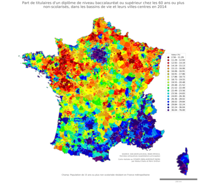 Part de titulaires d'un diplôme de niveau baccalauréat ou supérieur chez les 60 ans ou plus non'scolarisés - bv2014
Mots-clés: études et diplôme;âge;bassins de vie