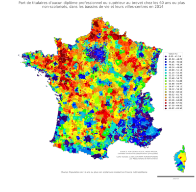 Part de titulaires d'aucun diplôme professionnel ou supérieur au brevet chez les 60 ans ou plus non'scolarisés - bv2014
Mots-clés: études et diplôme;âge;classes populaires;bassins de vie