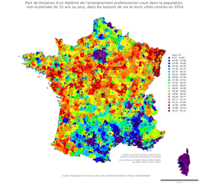 Part de titulaires d'un diplôme de l'enseignement professionnel court dans la population non'scolarisée de 15 ans ou plus - bv2014
Mots-clés: études et diplôme;classes populaires;bassins de vie