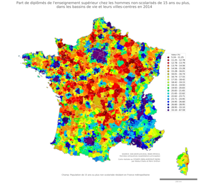 Part de diplômés de l'enseignement supérieur chez les hommes non'scolarisés de 15 ans ou plus - bv2014
Mots-clés: études et diplôme;sexe;hommes;classes supérieures;bassins de vie