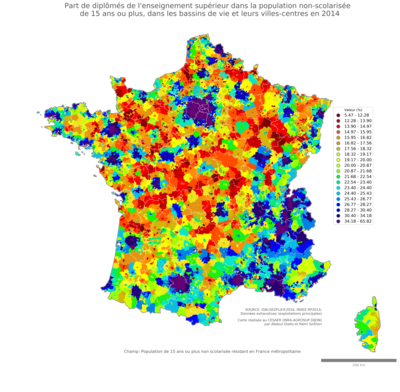 Part de diplômés de l'enseignement supérieur dans la population non'scolarisée de 15 ans ou plus - bv2014
Mots-clés: études et diplôme;classes supérieures;bassins de vie