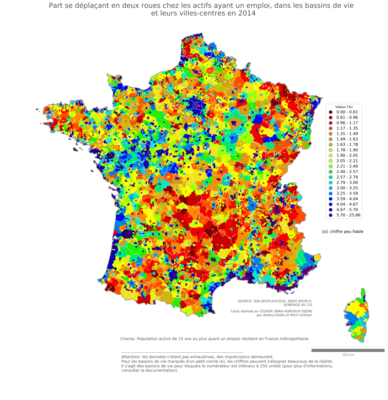 Part se déplaçant en deux roues chez les actifs ayant un emploi - bv2014
Mots-clés: transports;bassins de vie