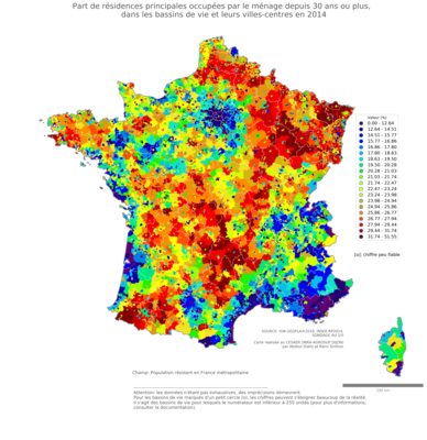 Part de résidences principales occupées par le ménage depuis 30 ans ou plus - bv2014
Mots-clés: résidence et logement;bassins de vie