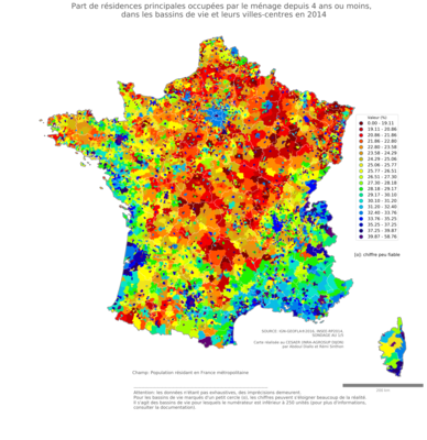 Part de résidences principales occupées par le ménage depuis 4 ans ou moins - bv2014
Mots-clés: résidence et logement;bassins de vie