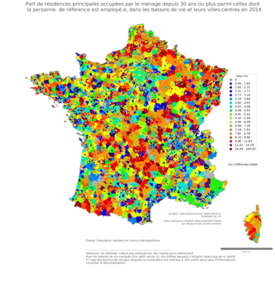 Part de résidences principales occupées par le ménage depuis 30 ans ou plus parmi celles dont la personne de référence est employé.e - bv2014
Mots-clés: résidence et logement;profession;classes populaires;bassins de vie