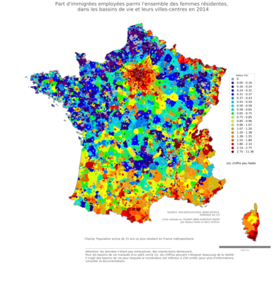 Part d'immigrées employées parmi l'ensemble des femmes résidentes - bv2014
Mots-clés: immigration;profession;sexe;femmes;classes populaires;bassins de vie