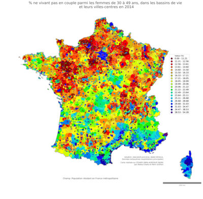 Part ne vivant pas en couple parmi les femmes de 30 à 49 ans - bv2014
Mots-clés: couple;âge;sexe;femmes;bassins de vie