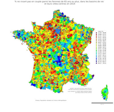 Part ne vivant pas en couple parmi les femmes de 65 ans ou plus - bv2014
Mots-clés: couple;âge;sexe;femmes;bassins de vie