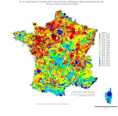 Part ne vivant pas en couple parmi les femmes résidentes - bv2014
Mots-clés: couple;sexe;femmes;bassins de vie