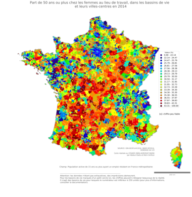 Part de 50 ans ou plus chez les femmes au lieu de travail - bv2014
Mots-clés: âge;lieu de travail;bassins de vie