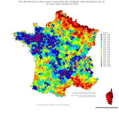 Part de femmes au foyer parmi l'ensemble des résidents - bv2014
Mots-clés: famille et enfants;sexe;femmes;bassins de vie