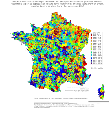 Indice de libération féminine par la voiture: part se déplaçant en voiture parmi les femmes rapportée à la part se déplaçant en voiture parmi les hommes, chez les actifs ayant un emploi - bv2014
Mots-clés: transports;conditions d-existence;sexe;bassins de vie