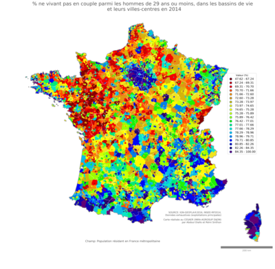 Part ne vivant pas en couple parmi les hommes de 29 ans ou moins - bv2014
Mots-clés: couple;âge;sexe;hommes;bassins de vie