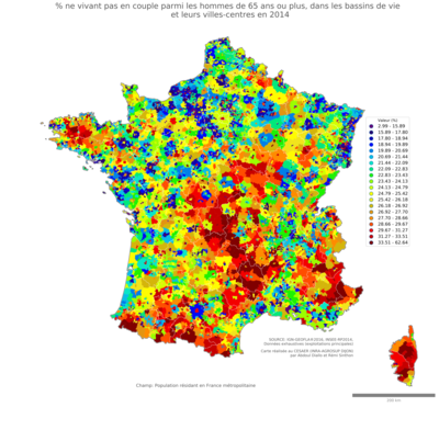 Part ne vivant pas en couple parmi les hommes de 65 ans ou plus - bv2014
Mots-clés: couple;âge;sexe;hommes;bassins de vie