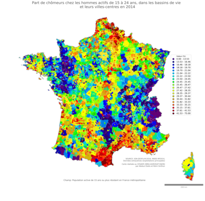 Part de chômeurs chez les hommes actifs de 15 à 24 ans - bv2014
Mots-clés: chômage;sexe;hommes;âge;classes populaires;bassins de vie