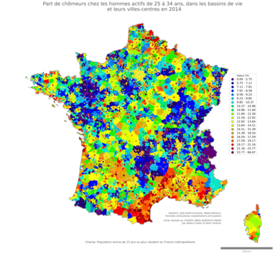 Part de chômeurs chez les hommes actifs de 25 à 34 ans - bv2014
Mots-clés: chômage;sexe;hommes;âge;classes populaires;bassins de vie