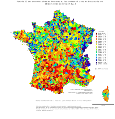 Part de 29 ans ou moins chez les hommes au lieu de travail - bv2014
Mots-clés: âge;lieu de travail;bassins de vie