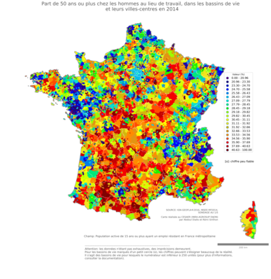 Part de 50 ans ou plus chez les hommes au lieu de travail - bv2014
Mots-clés: âge;lieu de travail;bassins de vie