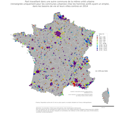 Part travaillant dans une autre commune de la même unité urbaine (renseignée uniquement pour les communes urbaines) chez les hommes actifs ayant un emploi - bv2014
Mots-clés: lieu de travail;conditions de travail et d-emploi;sexe;hommes;bassins de vie