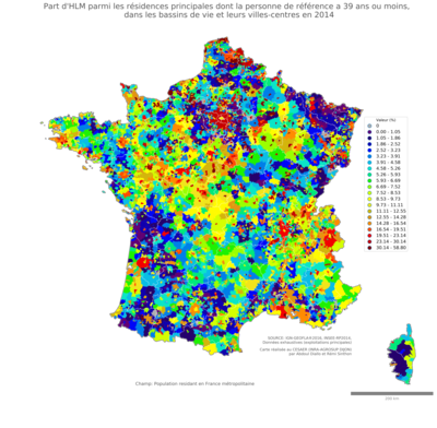 Part d'HLM parmi les résidences principales dont la personne de référence a 39 ans ou moins” - bv2014
Mots-clés: résidence et logement;âge;conditions d-existence;classes populaires;bassins de vie