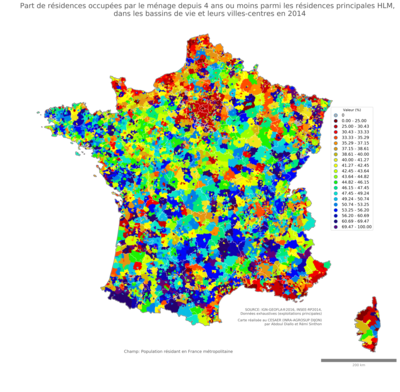 Part de résidences occupées par le ménage depuis 4 ans ou moins parmi les résidences principales HLM - bv2014
Mots-clés: résidence et logement;conditions d-existence;classes populaires;bassins de vie