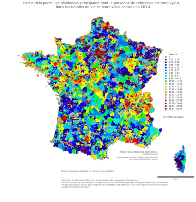 Part d'HLM parmi les résidences principales dont la personne de référence est employé.e - bv2014
Mots-clés: résidence et logement;profession;conditions d-existence;classes populaires;bassins de vie