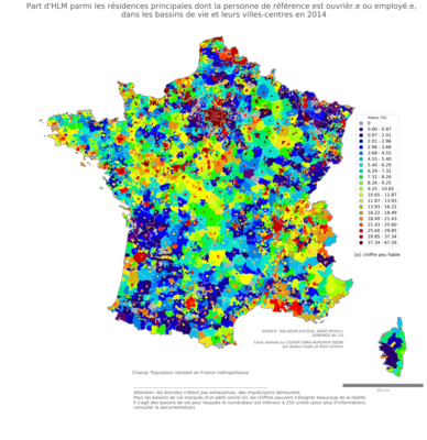 Part d'HLM parmi les résidences principales dont la personne de référence est ouvrièr.e ou employé.e - bv2014
Mots-clés: résidence et logement;profession;conditions d-existence;classes populaires;bassins de vie