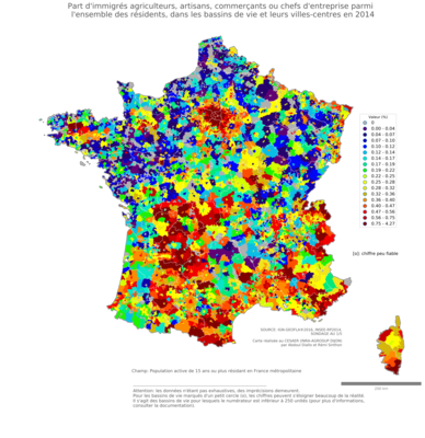 Part d'immigrés agriculteurs, artisans, commerçants ou chefs d'entreprise parmi l'ensemble des résidents - bv2014
Mots-clés: immigration;profession;fonction publique ou indépendance;bassins de vie