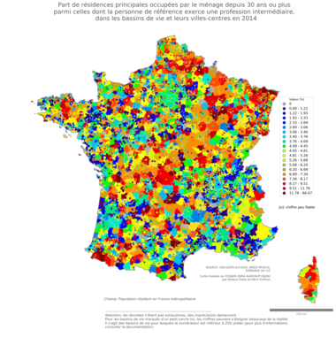 Part de résidences principales occupées par le ménage depuis 30 ans ou plus parmi celles dont la personne de référence exerce une profession intermédiaire - bv2014
Mots-clés: résidence et logement;profession;bassins de vie