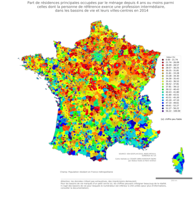 Part de résidences principales occupées par le ménage depuis 4 ans ou moins parmi celles dont la personne de référence exerce une profession intermédiaire - bv2014
Mots-clés: résidence et logement;profession;bassins de vie